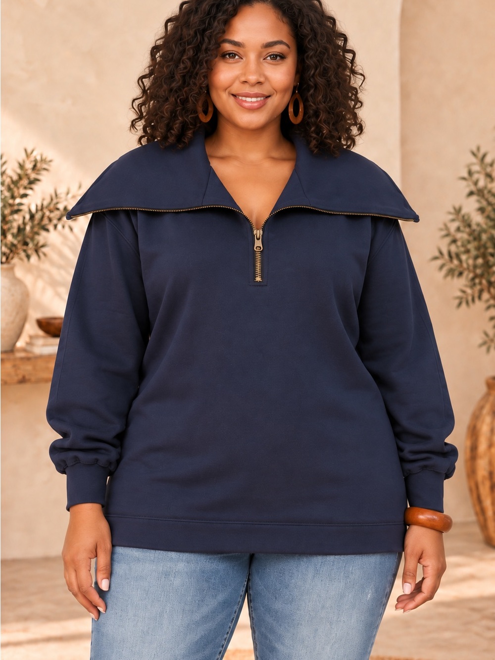 Plus-Size Navy Half-Zip Funnel Collar Sweatshirt